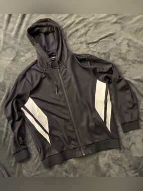 Karl Lagerfeld Black Hooded Track Jacket with White Chevron Panels